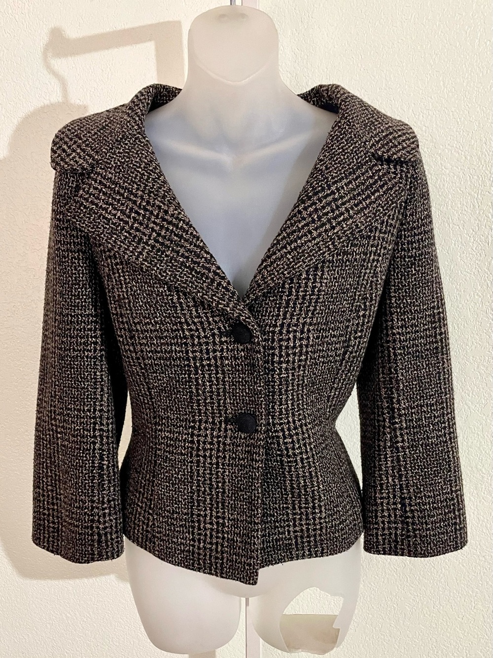 Ann Taylor Brown & Black Tweed Blazer Jacket Sz 2 Portrait Collar